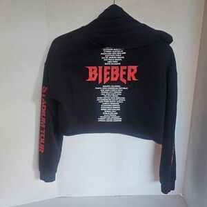 Justin Bieber Purpose Tour Cropped Hoodie | Black Graphic Sweatshirt M/L